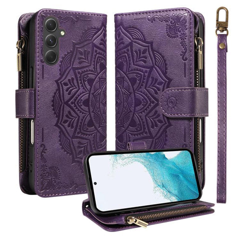 Mandala Embossed 9-Card Zipper RFID Vegan Leather Phone Case with Short Lanyard, For Samsung Galaxy A35 5G, For Samsung Galaxy A05, For Samsung Galaxy A05s, For Samsung Galaxy A25 5G Global, For Samsung Galaxy A24 4G, For Samsung Galaxy A34 5G         ...