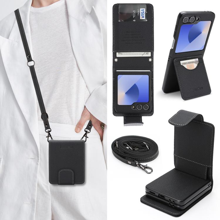 Retro Litchi Texture Vegan Leather Magnetic Wallet Phone Case with Crossbody Strap, For Galaxy Z Flip6 / Flip7 FE, For Galaxy Z Flip7