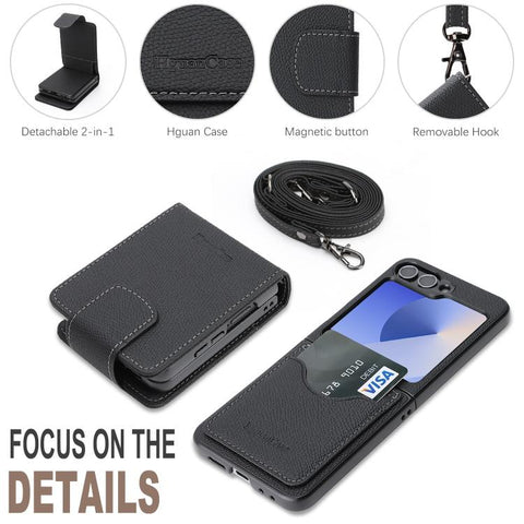Retro Litchi Texture Vegan Leather Magnetic Wallet Phone Case with Crossbody Strap, For Galaxy Z Flip6 / Flip7 FE, For Galaxy Z Flip7