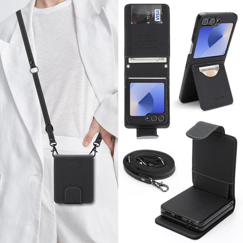 Retro Litchi Texture Vegan Leather Magnetic Wallet Phone Case with Crossbody Strap, For Galaxy Z Flip6 / Flip7 FE, For Galaxy Z Flip7