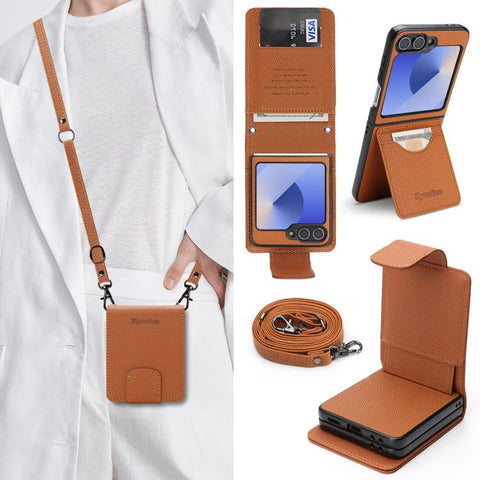 Retro Litchi Texture Vegan Leather Magnetic Wallet Phone Case with Crossbody Strap, For Galaxy Z Flip6 / Flip7 FE, For Galaxy Z Flip7