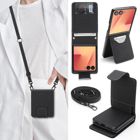 Retro Litchi Texture Vegan Leather Magnetic Wallet Phone Case with Crossbody Strap, For Galaxy Z Flip6 / Flip7 FE, For Galaxy Z Flip7