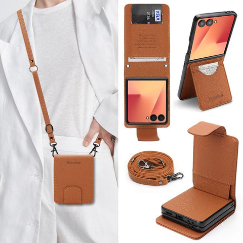 Retro Litchi Texture Vegan Leather Magnetic Wallet Phone Case with Crossbody Strap, For Galaxy Z Flip6 / Flip7 FE, For Galaxy Z Flip7