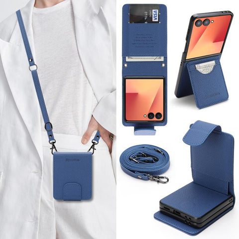 Retro Litchi Texture Vegan Leather Magnetic Wallet Phone Case with Crossbody Strap, For Galaxy Z Flip6 / Flip7 FE, For Galaxy Z Flip7