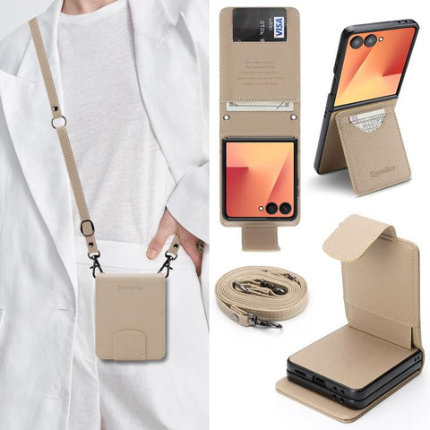 Retro Litchi Texture Vegan Leather Magnetic Wallet Phone Case with Crossbody Strap, For Galaxy Z Flip6 / Flip7 FE, For Galaxy Z Flip7