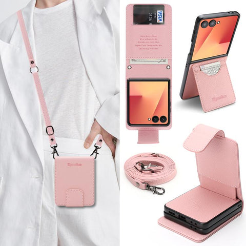 Retro Litchi Texture Vegan Leather Magnetic Wallet Phone Case with Crossbody Strap, For Galaxy Z Flip6 / Flip7 FE, For Galaxy Z Flip7