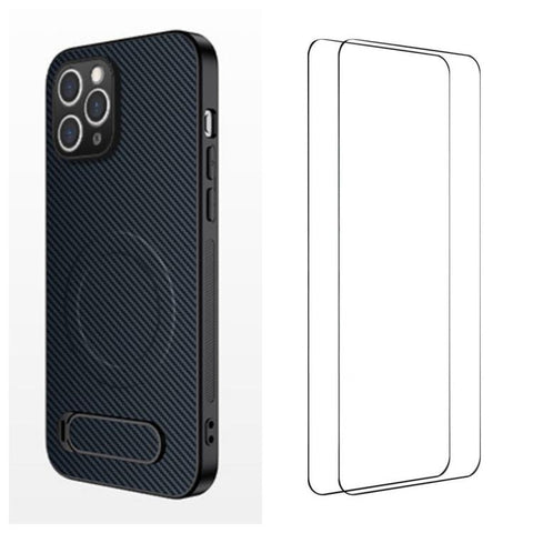 WANLONFENG Kickstand Carbon Fiber Texture Magnetic Phone Case with 2pcs Screen Films, For iPhone 18 Pro, For iPhone 18 Pro Max, For iPhone 12, For iPhone 12 Pro Max, For iPhone 12 Pro, For iPhone 11 Pro Max, For iPhone 11, For iPhone 11 Pro