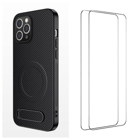 WANLONFENG Kickstand Carbon Fiber Texture Magnetic Phone Case with 2pcs Screen Films, For iPhone 18 Pro, For iPhone 18 Pro Max, For iPhone 12, For iPhone 12 Pro Max, For iPhone 12 Pro, For iPhone 11 Pro Max, For iPhone 11, For iPhone 11 Pro