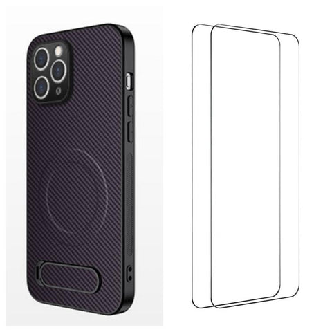 WANLONFENG Kickstand Carbon Fiber Texture Magnetic Phone Case with 2pcs Screen Films, For iPhone 18 Pro, For iPhone 18 Pro Max, For iPhone 12, For iPhone 12 Pro Max, For iPhone 12 Pro, For iPhone 11 Pro Max, For iPhone 11, For iPhone 11 Pro