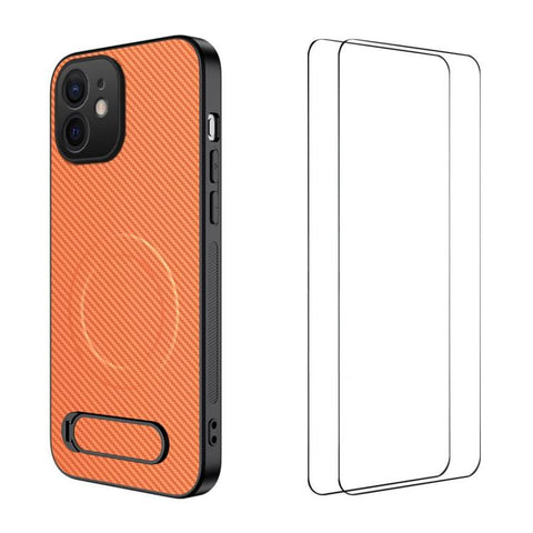 WANLONFENG Kickstand Carbon Fiber Texture Magnetic Phone Case with 2pcs Screen Films, For iPhone 18 Pro, For iPhone 18 Pro Max, For iPhone 12, For iPhone 12 Pro Max, For iPhone 12 Pro, For iPhone 11 Pro Max, For iPhone 11, For iPhone 11 Pro