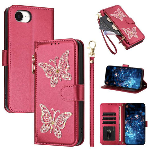 Glitter Butterfly Zipper Vegan Leather Phone Case with Wrist Strap, For iPhone 18 Pro / 17 Pro, For iPhone 18 Pro Max / 17 Pro Max, For iPhone 17e / 16e, For iPhone 17, For iPhone Air, For iPhone 16 Pro Max, For iPhone 16 Pro, For iPhone 16 Plus