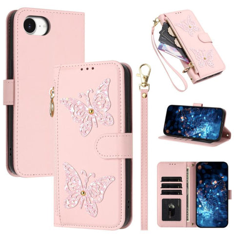 Glitter Butterfly Zipper Vegan Leather Phone Case with Wrist Strap, For iPhone 18 Pro / 17 Pro, For iPhone 18 Pro Max / 17 Pro Max, For iPhone 17e / 16e, For iPhone 17, For iPhone Air, For iPhone 16 Pro Max, For iPhone 16 Pro, For iPhone 16 Plus