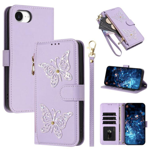 Glitter Butterfly Zipper Vegan Leather Phone Case with Wrist Strap, For iPhone 18 Pro / 17 Pro, For iPhone 18 Pro Max / 17 Pro Max, For iPhone 17e / 16e, For iPhone 17, For iPhone Air, For iPhone 16 Pro Max, For iPhone 16 Pro, For iPhone 16 Plus