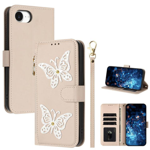 Glitter Butterfly Zipper Vegan Leather Phone Case with Wrist Strap, For iPhone 18 Pro / 17 Pro, For iPhone 18 Pro Max / 17 Pro Max, For iPhone 17e / 16e, For iPhone 17, For iPhone Air, For iPhone 16 Pro Max, For iPhone 16 Pro, For iPhone 16 Plus