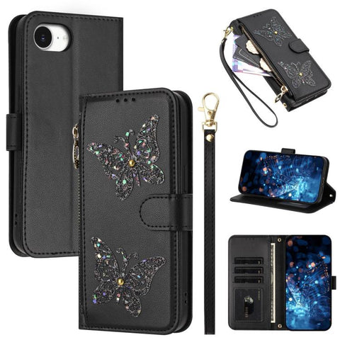 Glitter Butterfly Zipper Vegan Leather Phone Case with Wrist Strap, For iPhone 18 Pro / 17 Pro, For iPhone 18 Pro Max / 17 Pro Max, For iPhone 17e / 16e, For iPhone 17, For iPhone Air, For iPhone 16 Pro Max, For iPhone 16 Pro, For iPhone 16 Plus