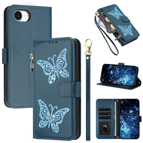 Glitter Butterfly Zipper Vegan Leather Phone Case with Wrist Strap, For iPhone 18 Pro / 17 Pro, For iPhone 18 Pro Max / 17 Pro Max, For iPhone 17e / 16e, For iPhone 17, For iPhone Air, For iPhone 16 Pro Max, For iPhone 16 Pro, For iPhone 16 Plus