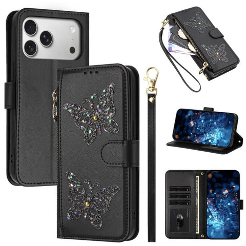 Glitter Butterfly Zipper Vegan Leather Phone Case with Wrist Strap, For iPhone 18 Pro / 17 Pro, For iPhone 18 Pro Max / 17 Pro Max, For iPhone 17e / 16e, For iPhone 17, For iPhone Air, For iPhone 16 Pro Max, For iPhone 16 Pro, For iPhone 16 Plus