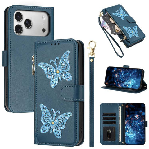 Glitter Butterfly Zipper Vegan Leather Phone Case with Wrist Strap, For iPhone 18 Pro / 17 Pro, For iPhone 18 Pro Max / 17 Pro Max, For iPhone 17e / 16e, For iPhone 17, For iPhone Air, For iPhone 16 Pro Max, For iPhone 16 Pro, For iPhone 16 Plus