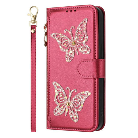 Glitter Butterfly Zipper Vegan Leather Phone Case with Wrist Strap, For iPhone 18 Pro / 17 Pro, For iPhone 18 Pro Max / 17 Pro Max, For iPhone 17e / 16e, For iPhone 17, For iPhone Air, For iPhone 16 Pro Max, For iPhone 16 Pro, For iPhone 16 Plus