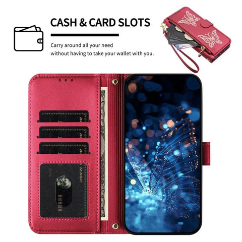 Glitter Butterfly Zipper Vegan Leather Phone Case with Wrist Strap, For iPhone 18 Pro / 17 Pro, For iPhone 18 Pro Max / 17 Pro Max, For iPhone 17e / 16e, For iPhone 17, For iPhone Air, For iPhone 16 Pro Max, For iPhone 16 Pro, For iPhone 16 Plus