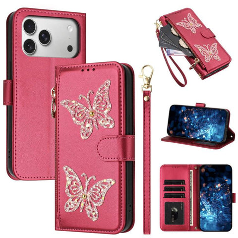 Glitter Butterfly Zipper Vegan Leather Phone Case with Wrist Strap, For iPhone 18 Pro / 17 Pro, For iPhone 18 Pro Max / 17 Pro Max, For iPhone 17e / 16e, For iPhone 17, For iPhone Air, For iPhone 16 Pro Max, For iPhone 16 Pro, For iPhone 16 Plus