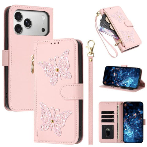 Glitter Butterfly Zipper Vegan Leather Phone Case with Wrist Strap, For iPhone 18 Pro / 17 Pro, For iPhone 18 Pro Max / 17 Pro Max, For iPhone 17e / 16e, For iPhone 17, For iPhone Air, For iPhone 16 Pro Max, For iPhone 16 Pro, For iPhone 16 Plus
