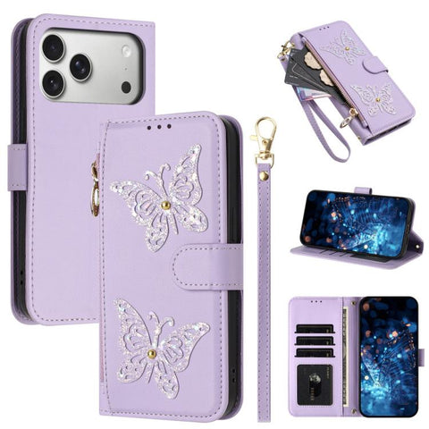 Glitter Butterfly Zipper Vegan Leather Phone Case with Wrist Strap, For iPhone 18 Pro / 17 Pro, For iPhone 18 Pro Max / 17 Pro Max, For iPhone 17e / 16e, For iPhone 17, For iPhone Air, For iPhone 16 Pro Max, For iPhone 16 Pro, For iPhone 16 Plus