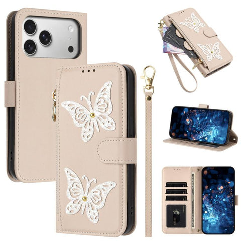 Glitter Butterfly Zipper Vegan Leather Phone Case with Wrist Strap, For iPhone 18 Pro / 17 Pro, For iPhone 18 Pro Max / 17 Pro Max, For iPhone 17e / 16e, For iPhone 17, For iPhone Air, For iPhone 16 Pro Max, For iPhone 16 Pro, For iPhone 16 Plus