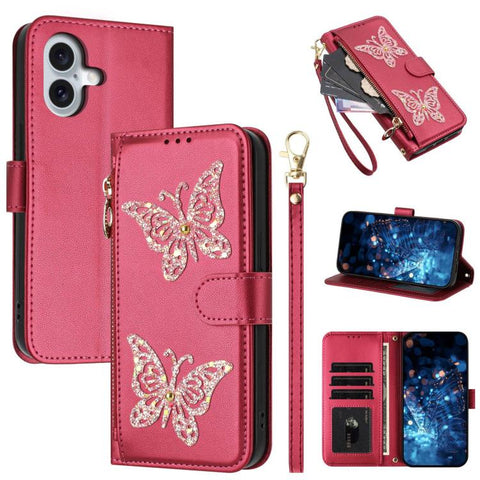 Glitter Butterfly Zipper Vegan Leather Phone Case with Wrist Strap, For iPhone 18 Pro / 17 Pro, For iPhone 18 Pro Max / 17 Pro Max, For iPhone 17e / 16e, For iPhone 17, For iPhone Air, For iPhone 16 Pro Max, For iPhone 16 Pro, For iPhone 16 Plus