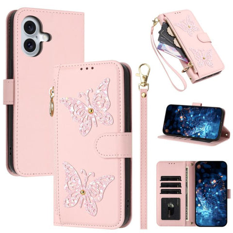 Glitter Butterfly Zipper Vegan Leather Phone Case with Wrist Strap, For iPhone 18 Pro / 17 Pro, For iPhone 18 Pro Max / 17 Pro Max, For iPhone 17e / 16e, For iPhone 17, For iPhone Air, For iPhone 16 Pro Max, For iPhone 16 Pro, For iPhone 16 Plus