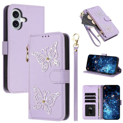 Glitter Butterfly Zipper Vegan Leather Phone Case with Wrist Strap, For iPhone 18 Pro / 17 Pro, For iPhone 18 Pro Max / 17 Pro Max, For iPhone 17e / 16e, For iPhone 17, For iPhone Air, For iPhone 16 Pro Max, For iPhone 16 Pro, For iPhone 16 Plus