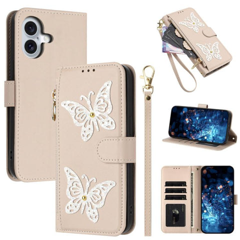 Glitter Butterfly Zipper Vegan Leather Phone Case with Wrist Strap, For iPhone 18 Pro / 17 Pro, For iPhone 18 Pro Max / 17 Pro Max, For iPhone 17e / 16e, For iPhone 17, For iPhone Air, For iPhone 16 Pro Max, For iPhone 16 Pro, For iPhone 16 Plus