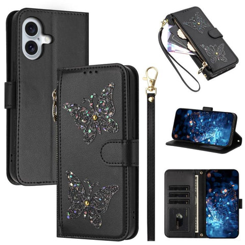 Glitter Butterfly Zipper Vegan Leather Phone Case with Wrist Strap, For iPhone 18 Pro / 17 Pro, For iPhone 18 Pro Max / 17 Pro Max, For iPhone 17e / 16e, For iPhone 17, For iPhone Air, For iPhone 16 Pro Max, For iPhone 16 Pro, For iPhone 16 Plus