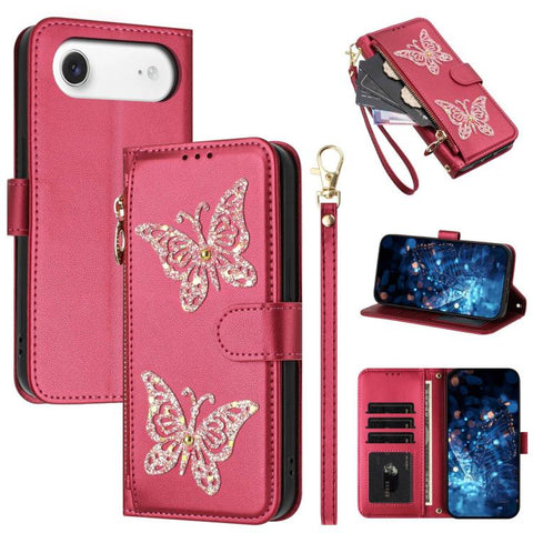 Glitter Butterfly Zipper Vegan Leather Phone Case with Wrist Strap, For iPhone 18 Pro / 17 Pro, For iPhone 18 Pro Max / 17 Pro Max, For iPhone 17e / 16e, For iPhone 17, For iPhone Air, For iPhone 16 Pro Max, For iPhone 16 Pro, For iPhone 16 Plus