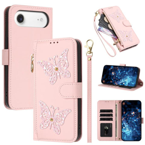 Glitter Butterfly Zipper Vegan Leather Phone Case with Wrist Strap, For iPhone 18 Pro / 17 Pro, For iPhone 18 Pro Max / 17 Pro Max, For iPhone 17e / 16e, For iPhone 17, For iPhone Air, For iPhone 16 Pro Max, For iPhone 16 Pro, For iPhone 16 Plus