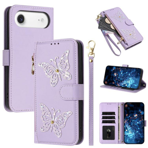 Glitter Butterfly Zipper Vegan Leather Phone Case with Wrist Strap, For iPhone 18 Pro / 17 Pro, For iPhone 18 Pro Max / 17 Pro Max, For iPhone 17e / 16e, For iPhone 17, For iPhone Air, For iPhone 16 Pro Max, For iPhone 16 Pro, For iPhone 16 Plus