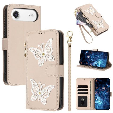 Glitter Butterfly Zipper Vegan Leather Phone Case with Wrist Strap, For iPhone 18 Pro / 17 Pro, For iPhone 18 Pro Max / 17 Pro Max, For iPhone 17e / 16e, For iPhone 17, For iPhone Air, For iPhone 16 Pro Max, For iPhone 16 Pro, For iPhone 16 Plus