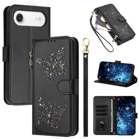 Glitter Butterfly Zipper Vegan Leather Phone Case with Wrist Strap, For iPhone 18 Pro / 17 Pro, For iPhone 18 Pro Max / 17 Pro Max, For iPhone 17e / 16e, For iPhone 17, For iPhone Air, For iPhone 16 Pro Max, For iPhone 16 Pro, For iPhone 16 Plus