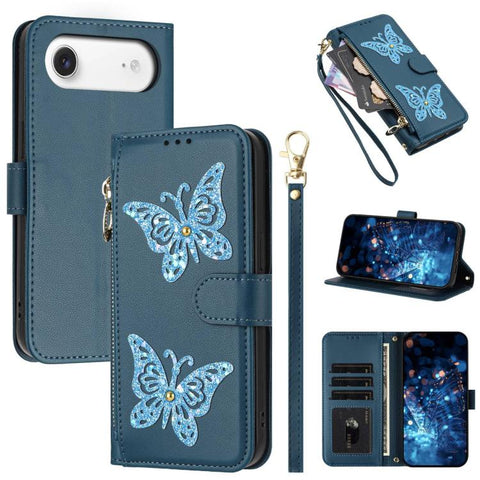 Glitter Butterfly Zipper Vegan Leather Phone Case with Wrist Strap, For iPhone 18 Pro / 17 Pro, For iPhone 18 Pro Max / 17 Pro Max, For iPhone 17e / 16e, For iPhone 17, For iPhone Air, For iPhone 16 Pro Max, For iPhone 16 Pro, For iPhone 16 Plus