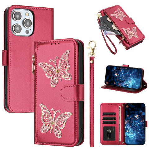 Glitter Butterfly Zipper Vegan Leather Phone Case with Wrist Strap, For iPhone 18 Pro / 17 Pro, For iPhone 18 Pro Max / 17 Pro Max, For iPhone 17e / 16e, For iPhone 17, For iPhone Air, For iPhone 16 Pro Max, For iPhone 16 Pro, For iPhone 16 Plus