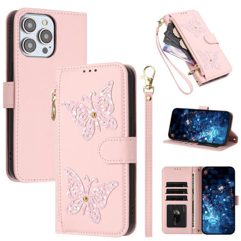 Glitter Butterfly Zipper Vegan Leather Phone Case with Wrist Strap, For iPhone 18 Pro / 17 Pro, For iPhone 18 Pro Max / 17 Pro Max, For iPhone 17e / 16e, For iPhone 17, For iPhone Air, For iPhone 16 Pro Max, For iPhone 16 Pro, For iPhone 16 Plus