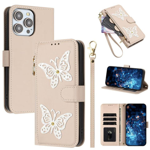 Glitter Butterfly Zipper Vegan Leather Phone Case with Wrist Strap, For iPhone 18 Pro / 17 Pro, For iPhone 18 Pro Max / 17 Pro Max, For iPhone 17e / 16e, For iPhone 17, For iPhone Air, For iPhone 16 Pro Max, For iPhone 16 Pro, For iPhone 16 Plus