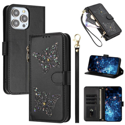 Glitter Butterfly Zipper Vegan Leather Phone Case with Wrist Strap, For iPhone 18 Pro / 17 Pro, For iPhone 18 Pro Max / 17 Pro Max, For iPhone 17e / 16e, For iPhone 17, For iPhone Air, For iPhone 16 Pro Max, For iPhone 16 Pro, For iPhone 16 Plus