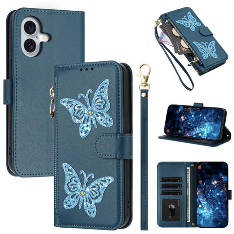 Glitter Butterfly Zipper Vegan Leather Phone Case with Wrist Strap, For iPhone 18 Pro / 17 Pro, For iPhone 18 Pro Max / 17 Pro Max, For iPhone 17e / 16e, For iPhone 17, For iPhone Air, For iPhone 16 Pro Max, For iPhone 16 Pro, For iPhone 16 Plus
