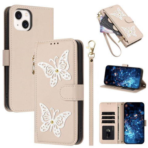 Glitter Butterfly Zipper Vegan Leather Phone Case with Wrist Strap, For iPhone 16, For iPhone 15 Pro Max, For iPhone 15 Pro, For iPhone 15 Plus / 14 Plus, For iPhone 15, For iPhone 14 / 13, For iPhone 14 Pro, For iPhone 14 Pro Max