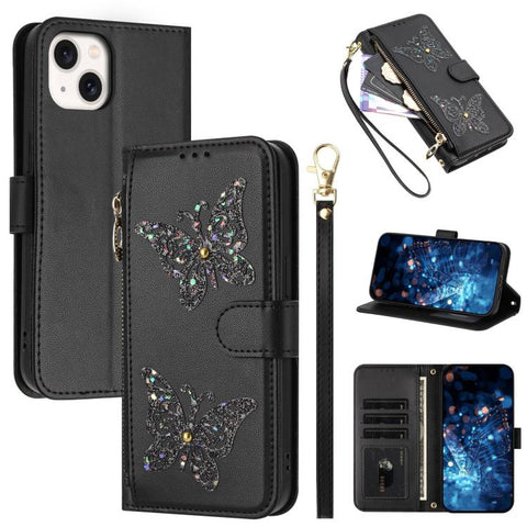 Glitter Butterfly Zipper Vegan Leather Phone Case with Wrist Strap, For iPhone 16, For iPhone 15 Pro Max, For iPhone 15 Pro, For iPhone 15 Plus / 14 Plus, For iPhone 15, For iPhone 14 / 13, For iPhone 14 Pro, For iPhone 14 Pro Max