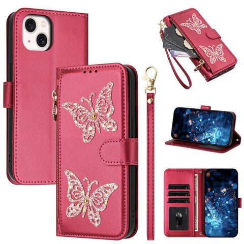 Glitter Butterfly Zipper Vegan Leather Phone Case with Wrist Strap, For iPhone 16, For iPhone 15 Pro Max, For iPhone 15 Pro, For iPhone 15 Plus / 14 Plus, For iPhone 15, For iPhone 14 / 13, For iPhone 14 Pro, For iPhone 14 Pro Max
