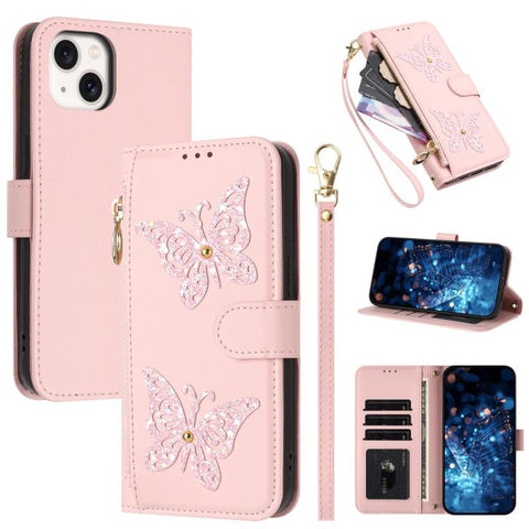 Glitter Butterfly Zipper Vegan Leather Phone Case with Wrist Strap, For iPhone 16, For iPhone 15 Pro Max, For iPhone 15 Pro, For iPhone 15 Plus / 14 Plus, For iPhone 15, For iPhone 14 / 13, For iPhone 14 Pro, For iPhone 14 Pro Max