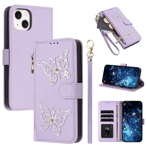Glitter Butterfly Zipper Vegan Leather Phone Case with Wrist Strap, For iPhone 16, For iPhone 15 Pro Max, For iPhone 15 Pro, For iPhone 15 Plus / 14 Plus, For iPhone 15, For iPhone 14 / 13, For iPhone 14 Pro, For iPhone 14 Pro Max