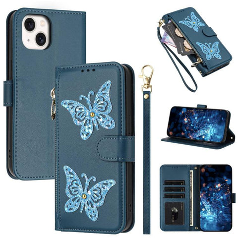 Glitter Butterfly Zipper Vegan Leather Phone Case with Wrist Strap, For iPhone 16, For iPhone 15 Pro Max, For iPhone 15 Pro, For iPhone 15 Plus / 14 Plus, For iPhone 15, For iPhone 14 / 13, For iPhone 14 Pro, For iPhone 14 Pro Max